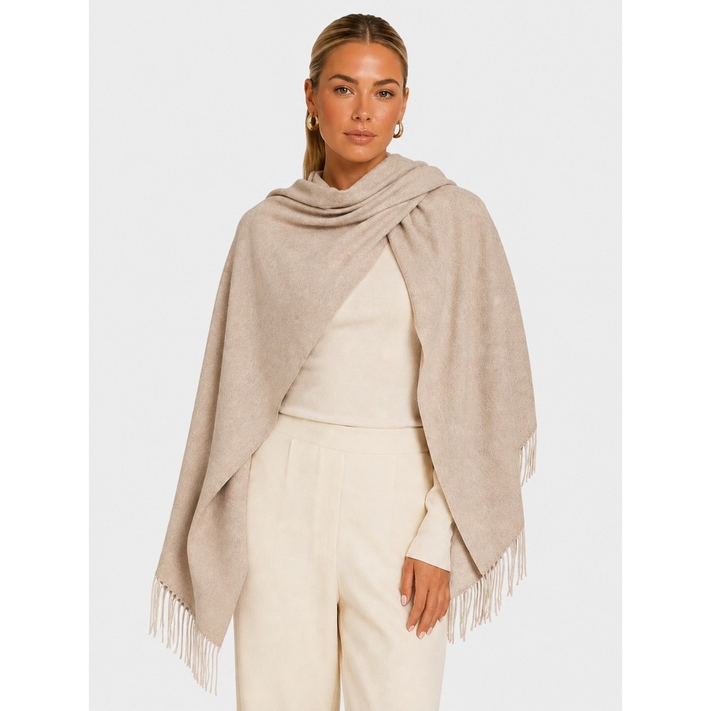 NWT Different Beige Wool Cotton Blend Fringed Scarf Wrap Shawl New